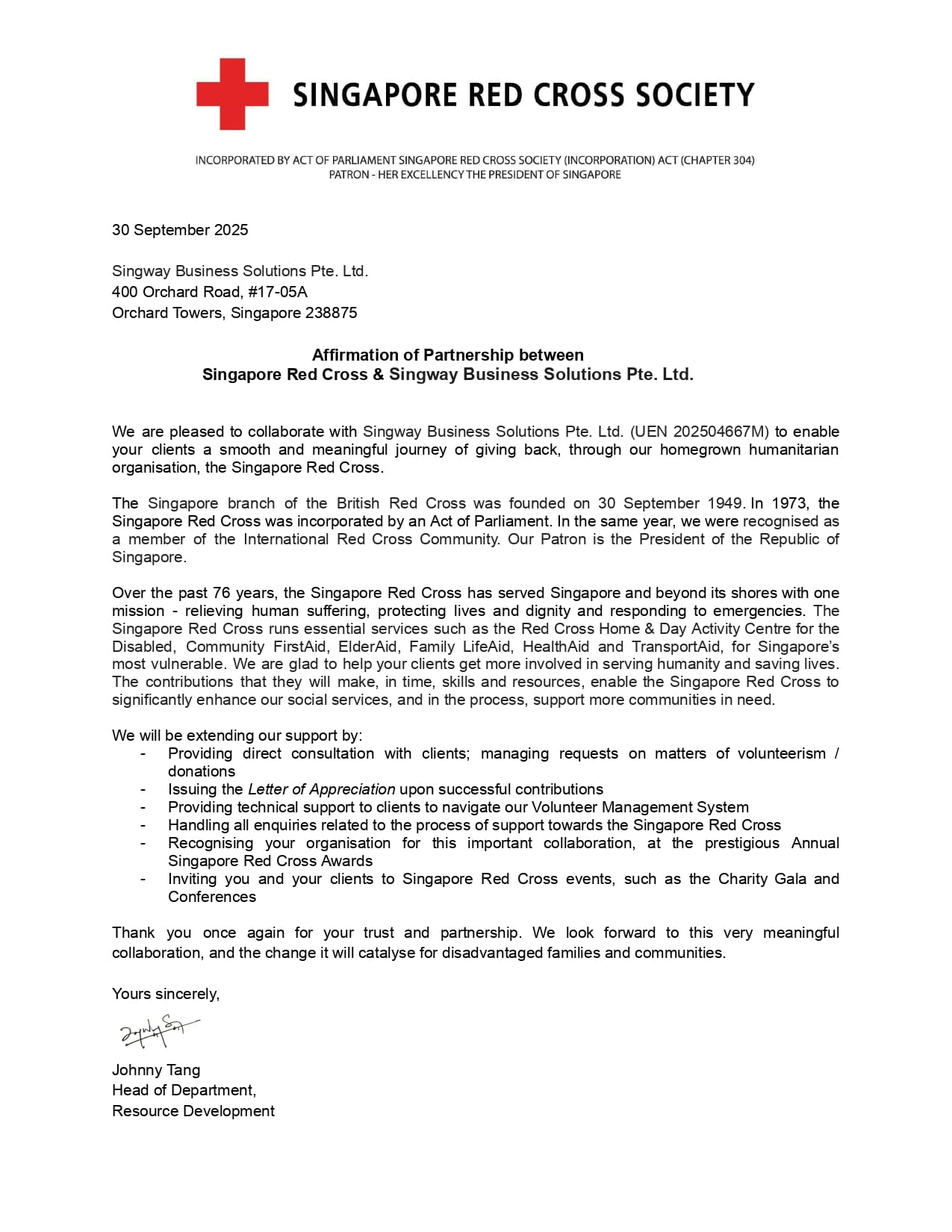 Affirmation of Partnership - Singway Business Solutions